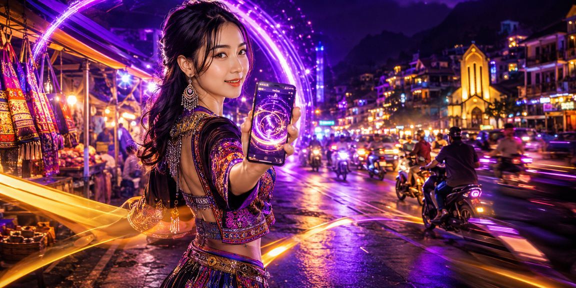 Ánh đèn neon Sapa về đêm – không khí jackpot sôi động trên điện thoại di động
